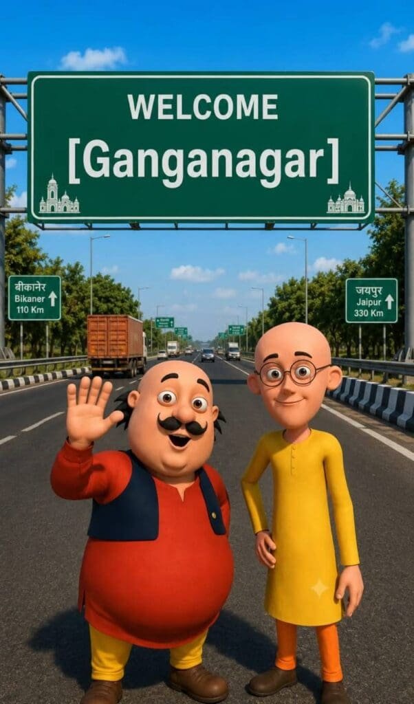 Motu Patlu City Village Explore AI Video Editing Prompt showing Motu Patlu exploring a city and village with AI-generated cinematic visuals.