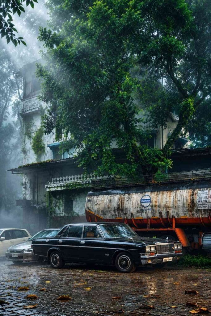 Vintage black luxury car parked on a rainy road beside a foggy forest building with cinematic atmosphere - Bihar Update In