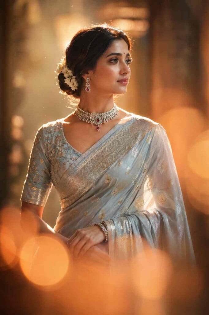 Elegant Indian woman in silver-blue saree cinematic AI portrait – Bihar Update In