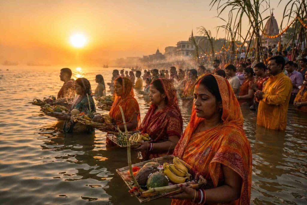 Chhath Puja devotees offering Arghya in the Ganga River at sunrise with bamboo baskets and fruits | Bihar Update In