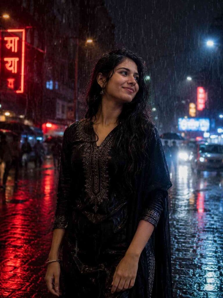 Cinematic rainy night neon street AI photo editing prompt by Bihar Update In featuring a realistic Indian portrait with Bollywood thriller aesthetic.