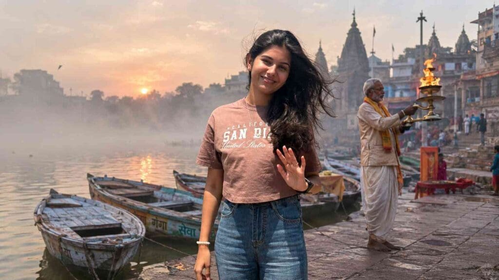 Young woman at an early morning Ganga Ghat in Bihar with wooden boats, priest performing aarti, misty river, and golden temple spires.