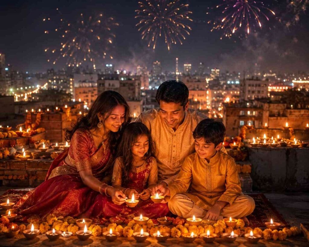 Indian family celebrating Diwali on a rooftop with glowing diyas, fireworks, and traditional festive clothes using an AI photo editing prompt.