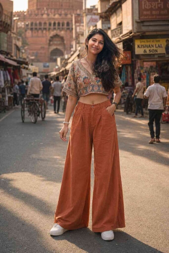 Young Indian woman in fusion streetwear on a busy Delhi market street with a Vogue India fashion editorial look created using an AI photo editing prompt.