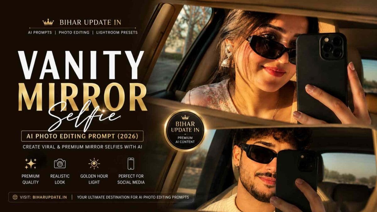 Vanity Mirror Selfie AI Photo Editing Prompt 2026 with realistic golden hour car mirror selfie – Bihar Update In