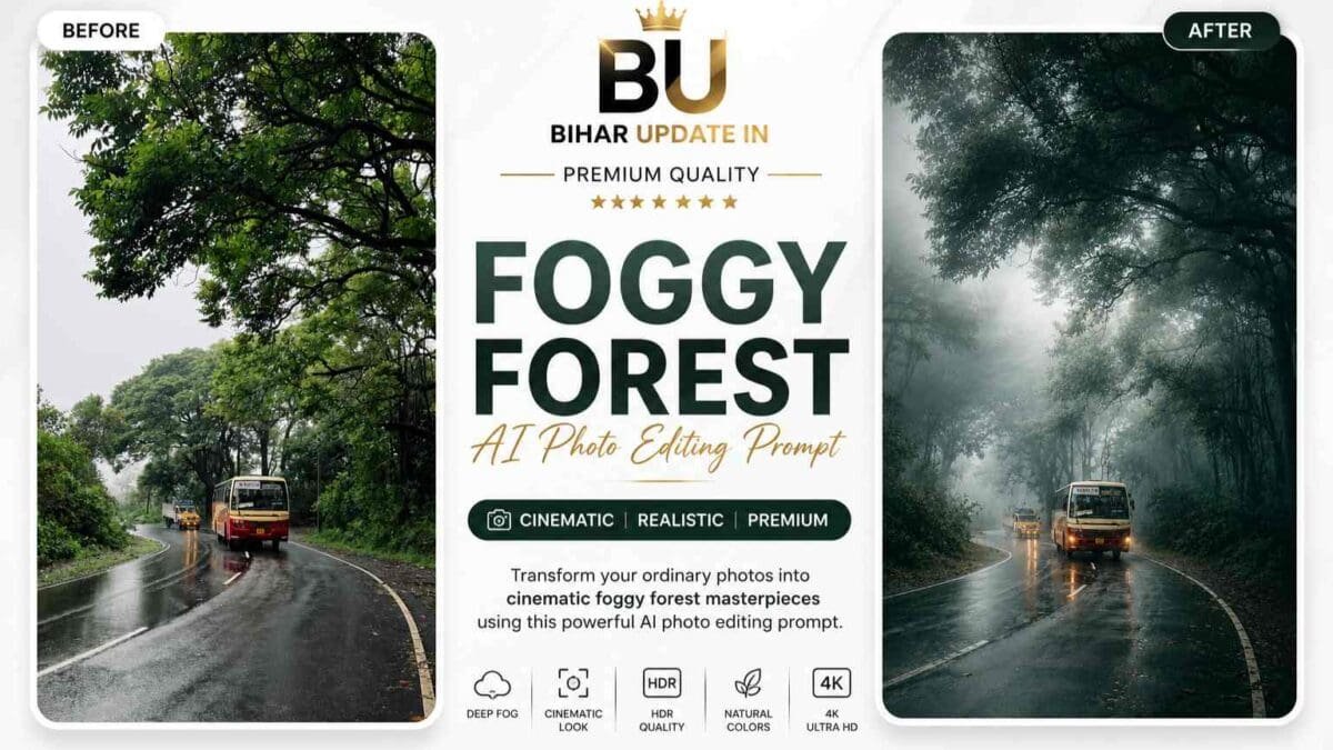 Foggy Forest AI Photo Editing Prompt before and after editing by Bihar Update In